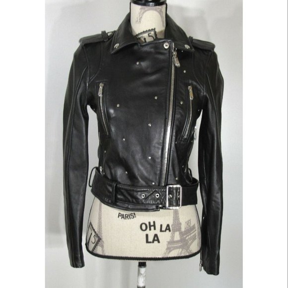Sam Edelman Starburst Studded Crop Moto Jacket, Black Leather, Women's Size XS - Picture 1 of 8